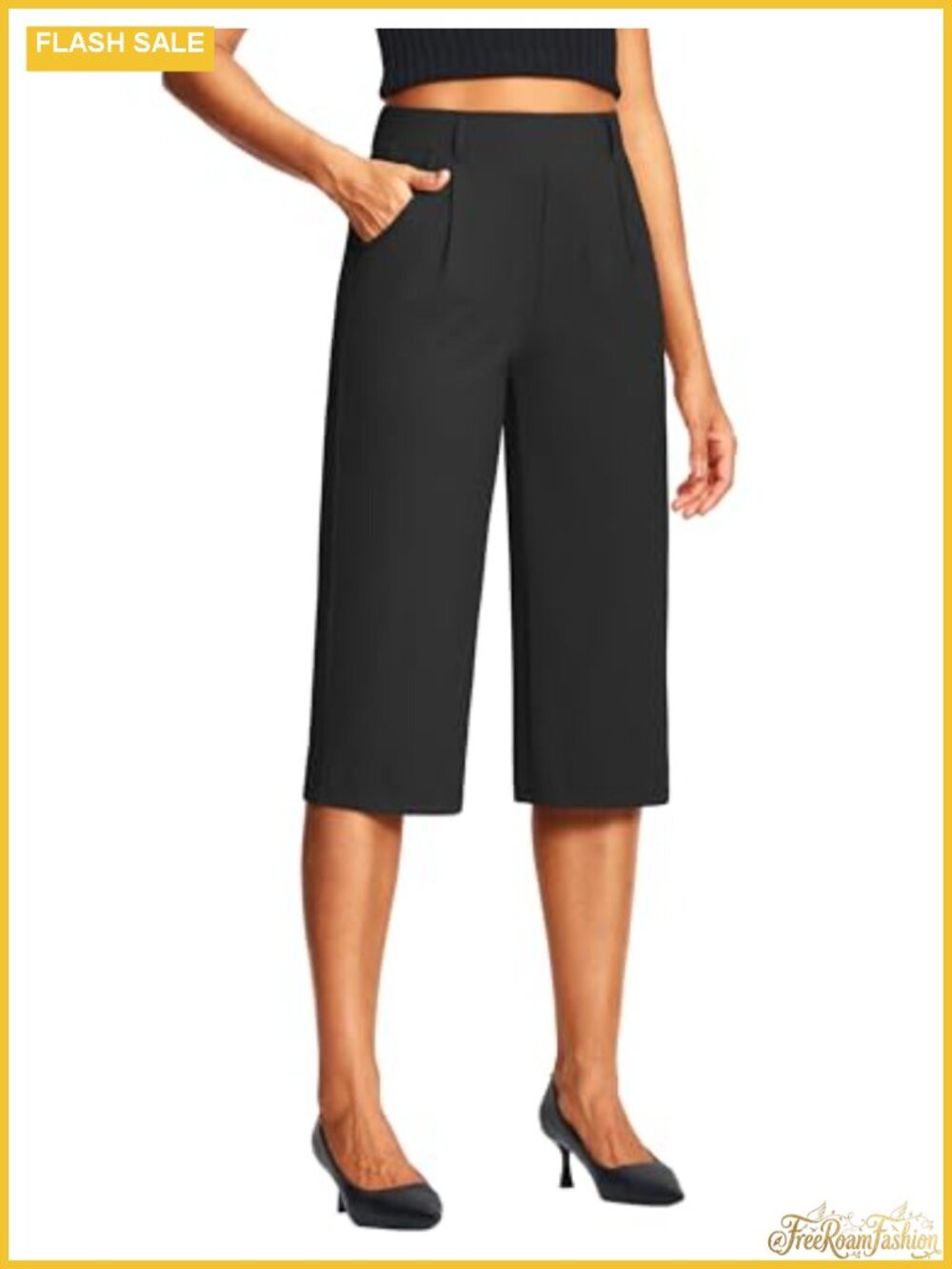 Pleated Wide Leg Capri Pants with Pockets Pull On Mid Rise Relaxed